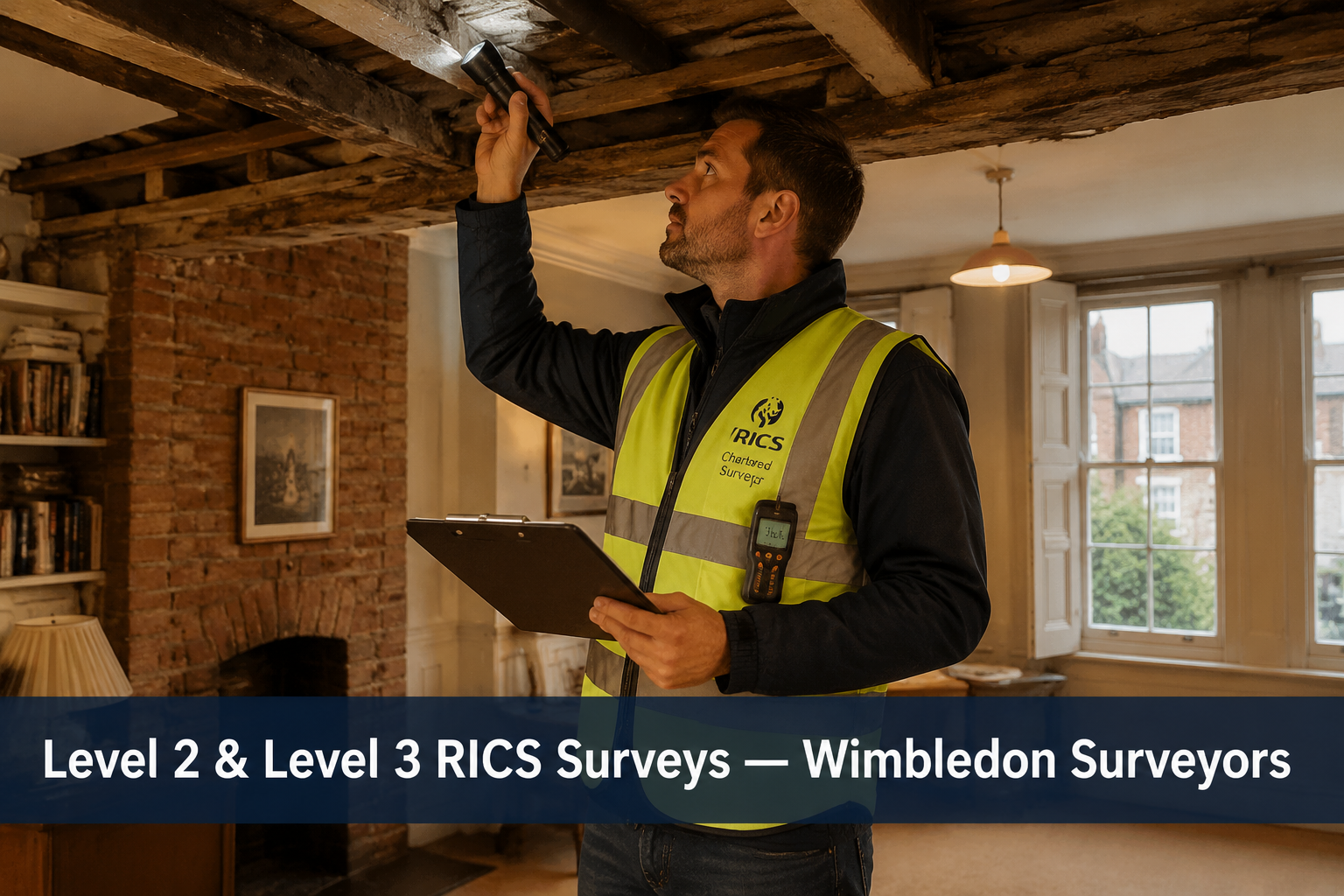 () showing a RICS chartered surveyor in a high-visibility branded vest conducting a detailed inspection inside a period