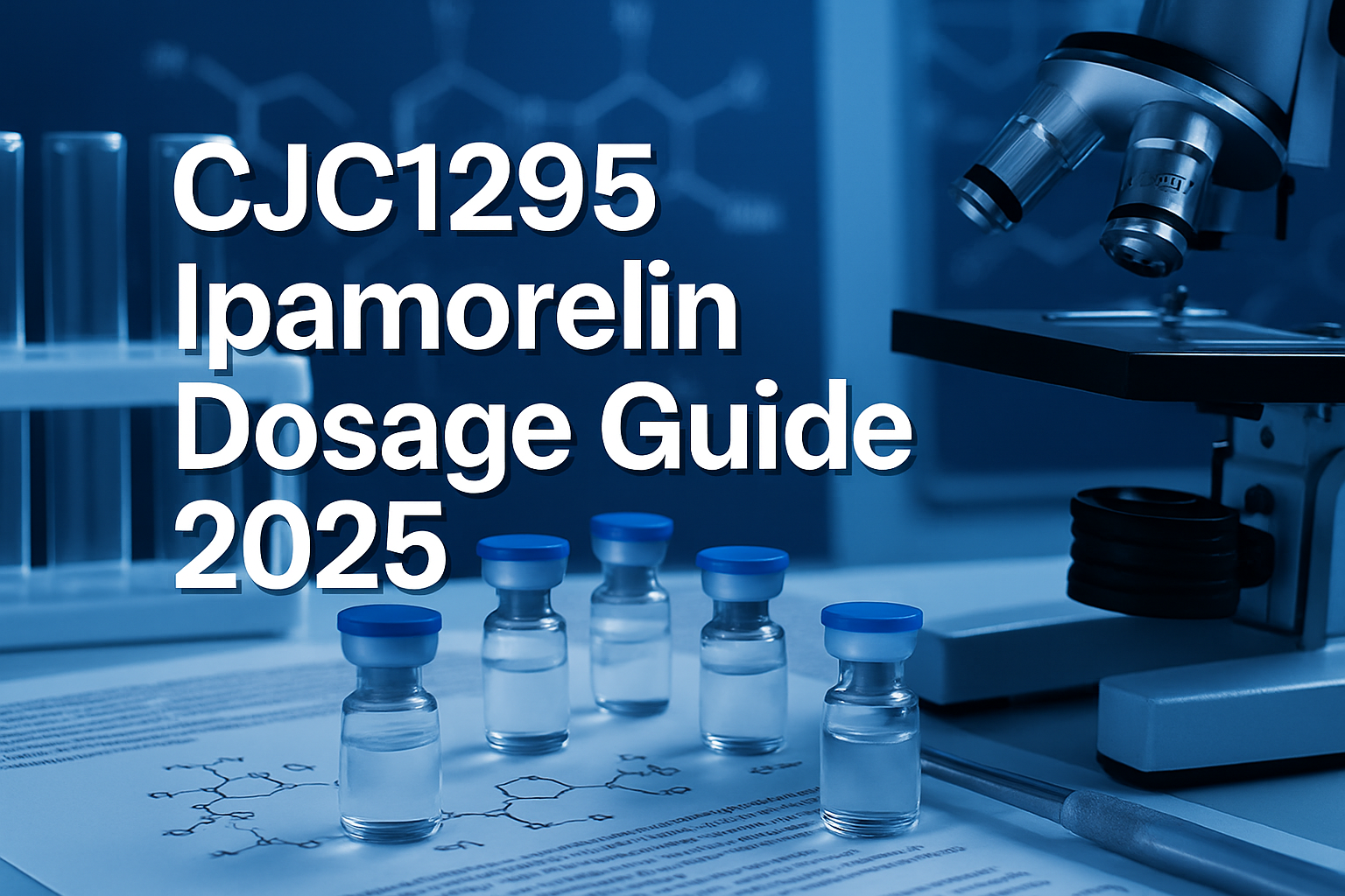 Professional landscape hero image (1536x1024) featuring bold text overlay 'CJC1295 Ipamorelin Dosage Guide 2025' in extra large 72pt white s