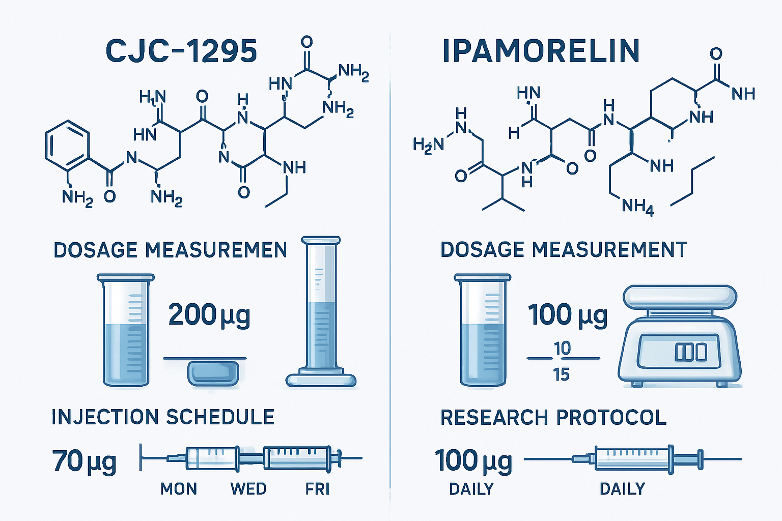 Scientific infographic showing CJC1295 and Ipamorelin peptide molecular structures side by side with dosage measurement charts, graduated cy