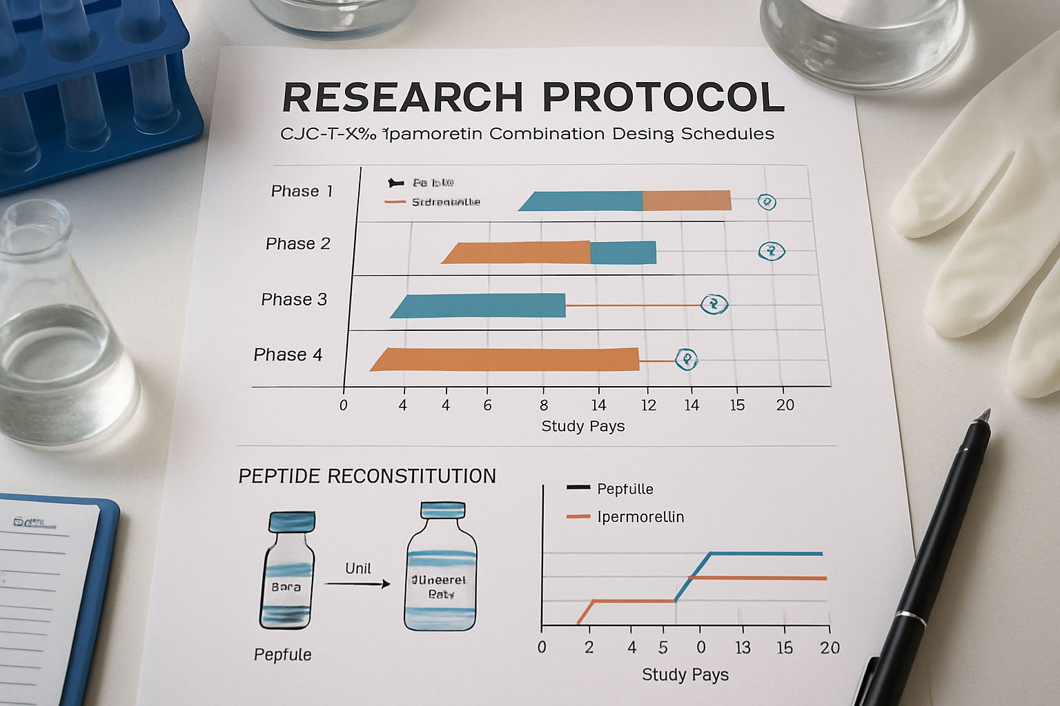 Detailed research protocol chart displaying CJC1295/Ipamorelin combination dosing schedules across different study phases, with timeline gra