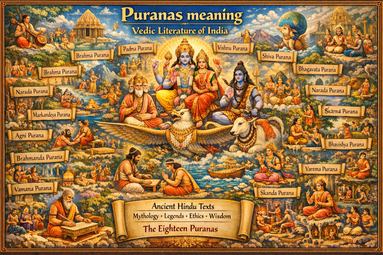 Write text in English only on all images. Don't write in Hindi. 18 पुराणों को दर्शाने वाला एक रंगीन और जीवंत चित्र, जिसमें विभिन्न पौराणिक क