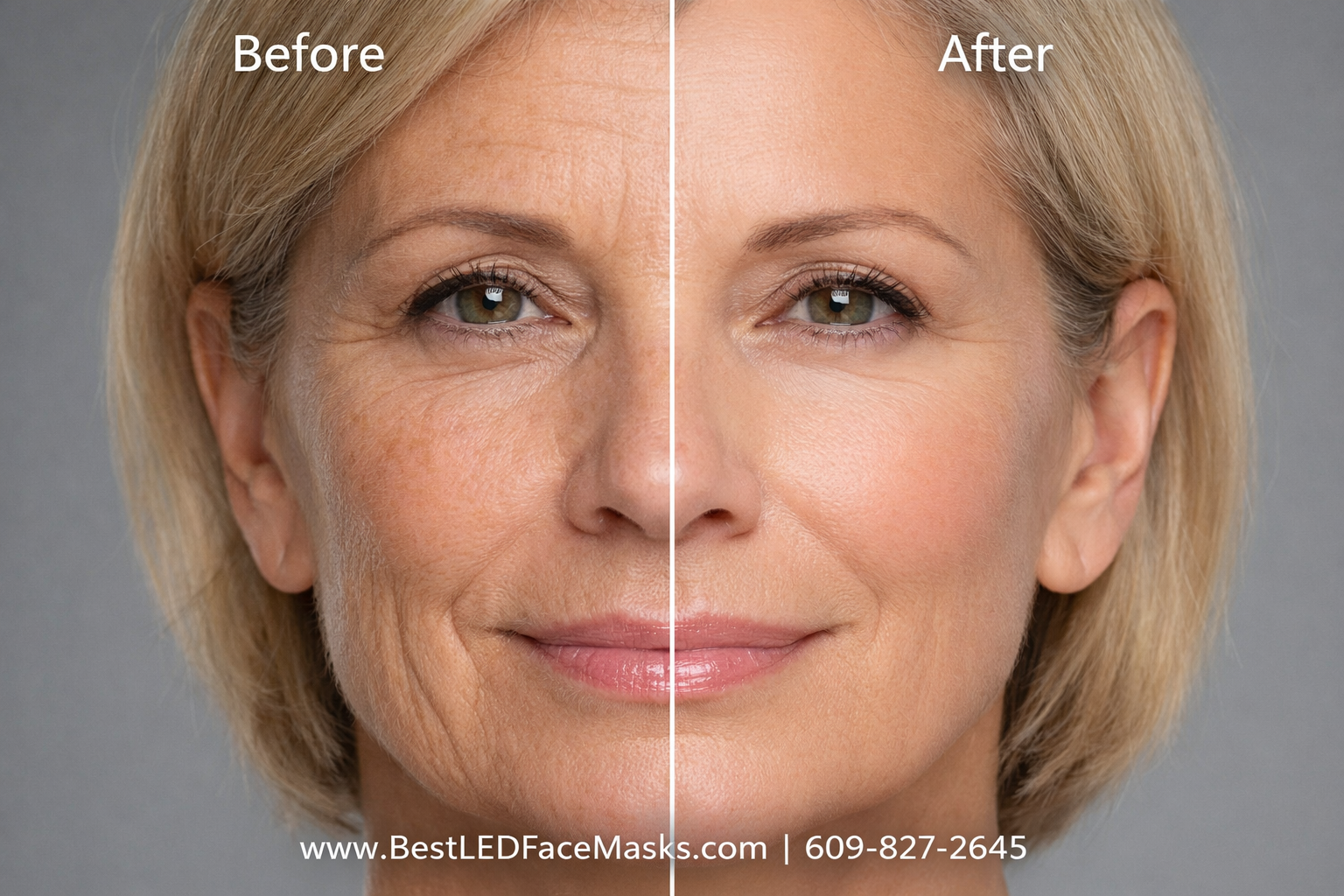 () before-and-after split composition showing close-up of mature female face, left side showing fine lines and uneven skin