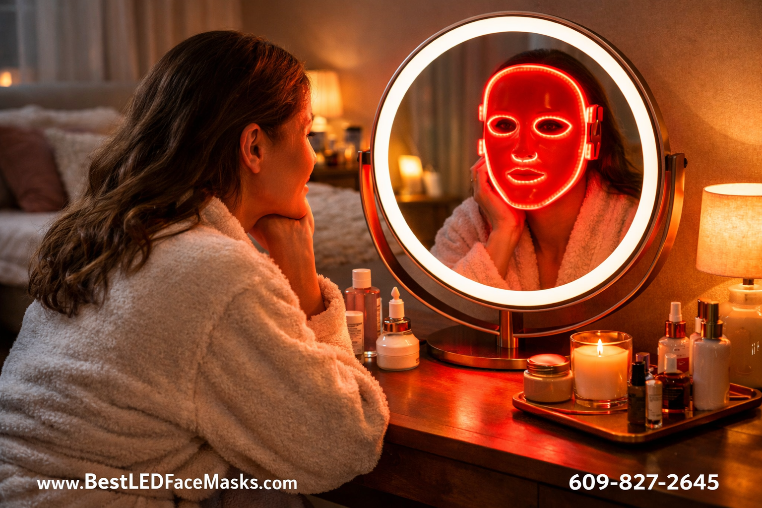 () woman sitting comfortably at home vanity mirror wearing a glowing red LED face mask, cozy bedroom setting with warm