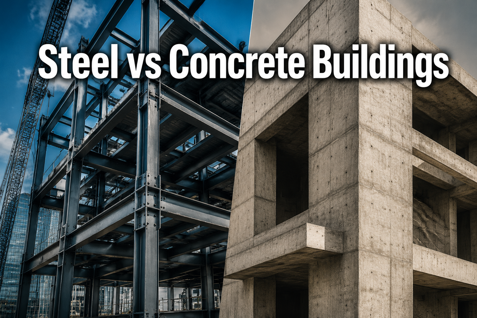 Professional () hero image with 'Steel vs Concrete Buildings' in extra large white with dark drop , centered in upper third.