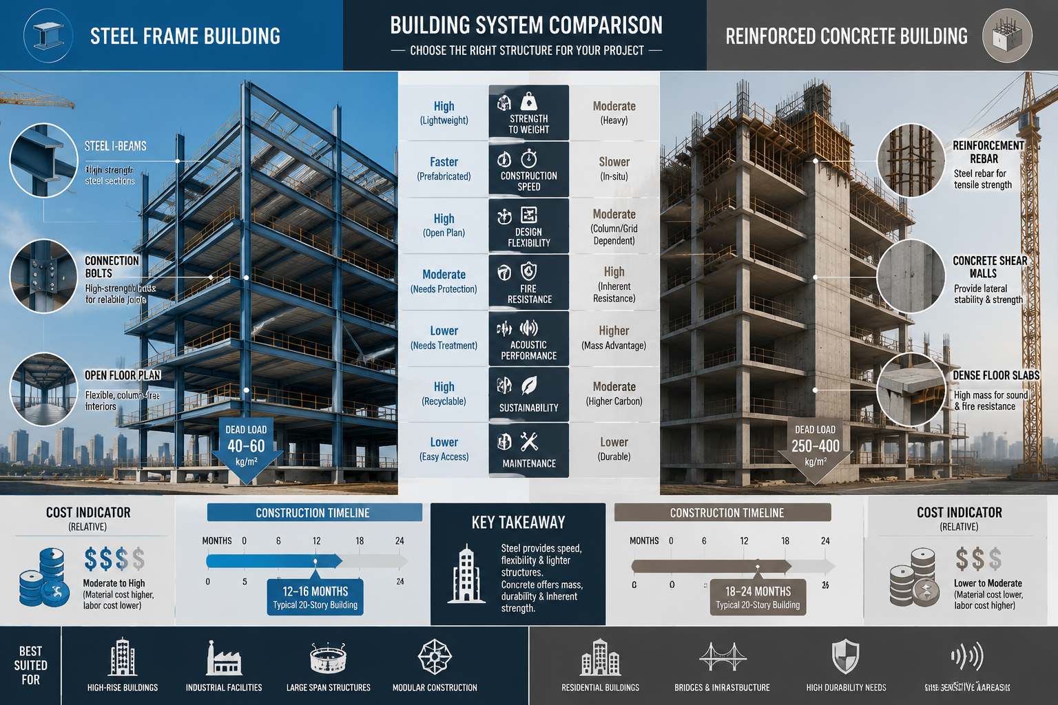 Detailed () editorial infographic-style image showing a side-by-side comparison table of steel frame building versus