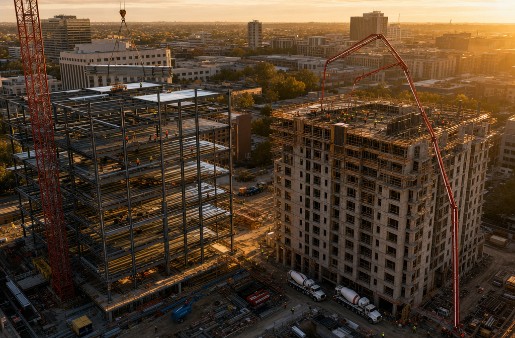 Detailed () showing an aerial bird's-eye view of two contrasting construction sites side by side in an urban setting. One
