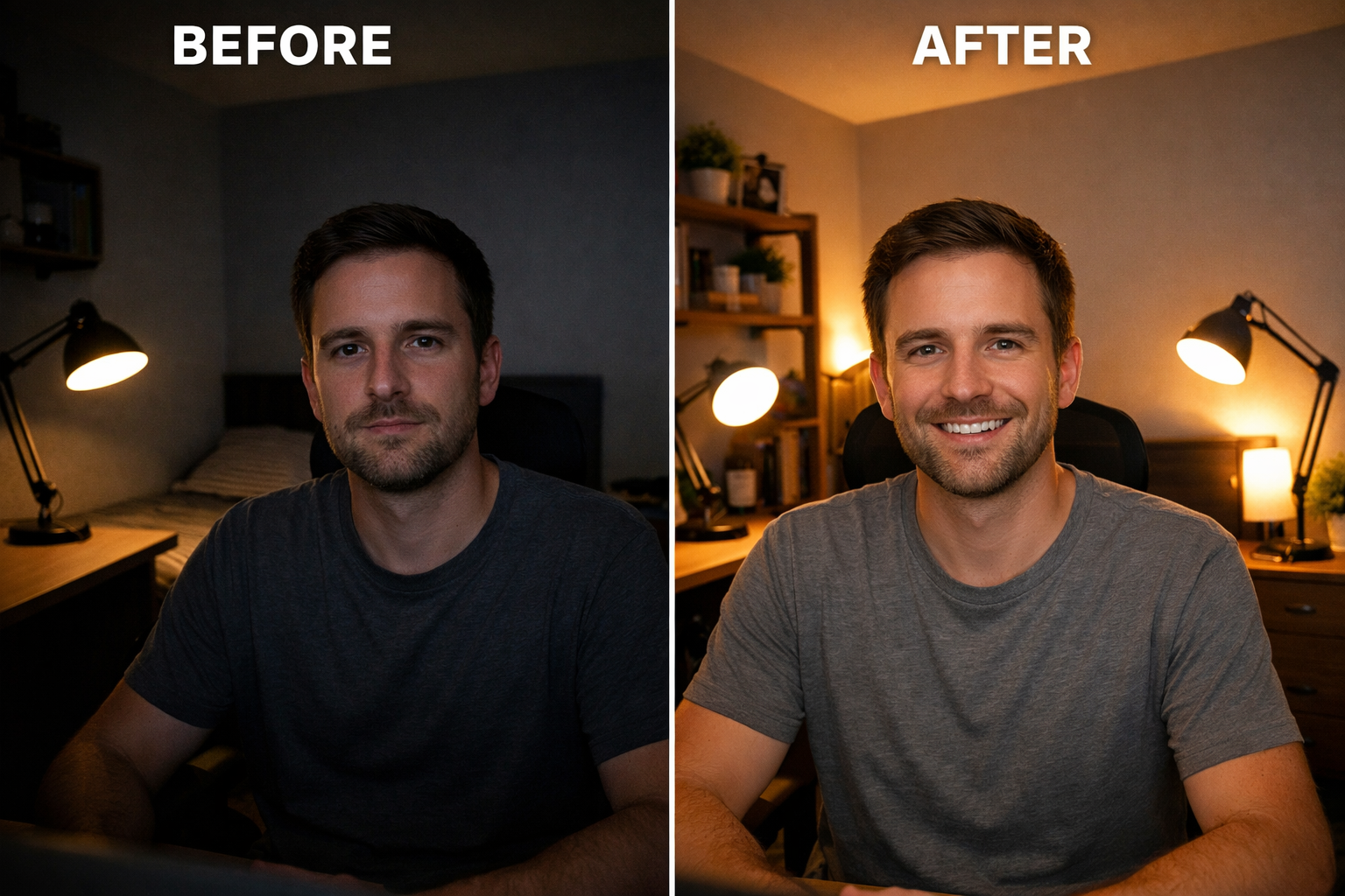 Detailed interior photography showing three-point lighting setup in small bedroom workspace, featuring key light (main lamp with diffuser on