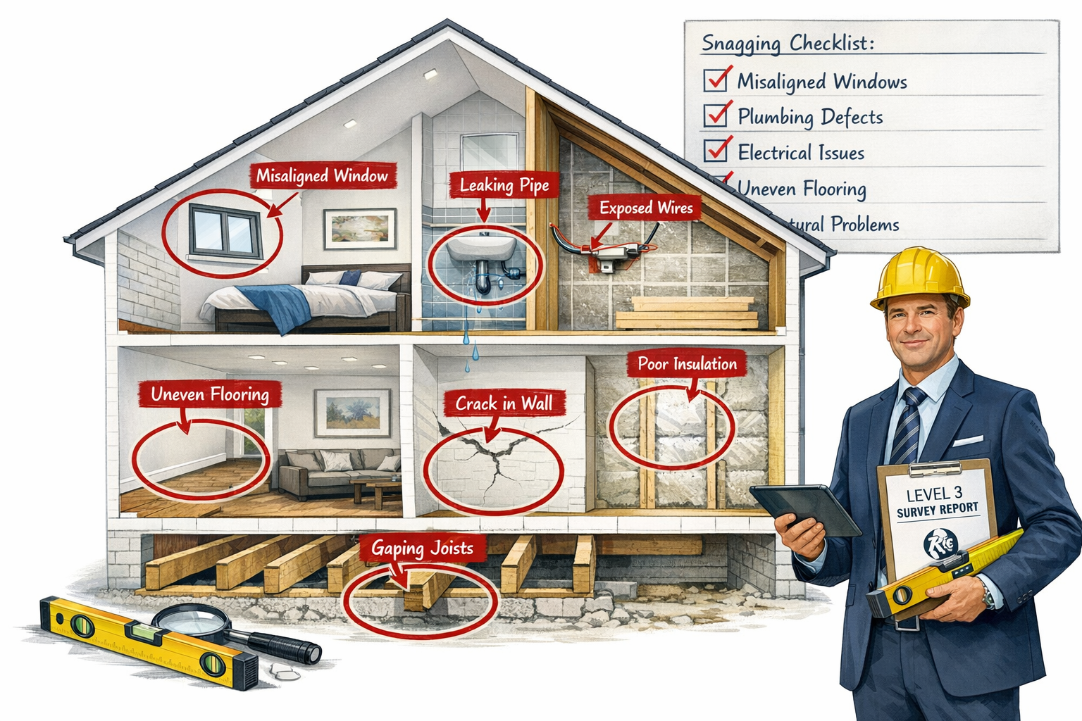 () detailed illustration showing cross-section cutaway view of new build property with multiple snagging issues highlighted