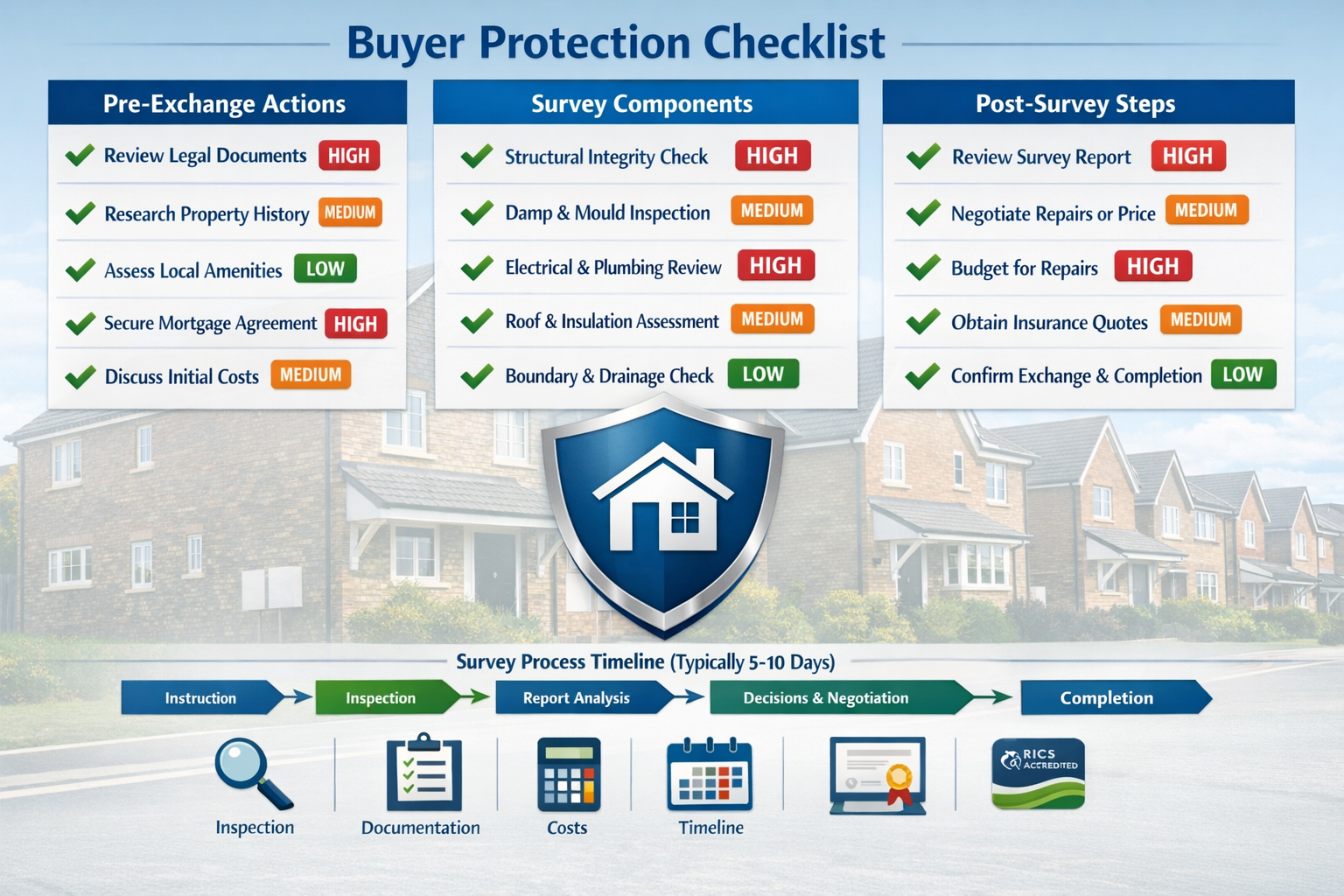 () professional infographic showing buyer protection checklist with three columns: Pre-Exchange Actions, Survey Components,