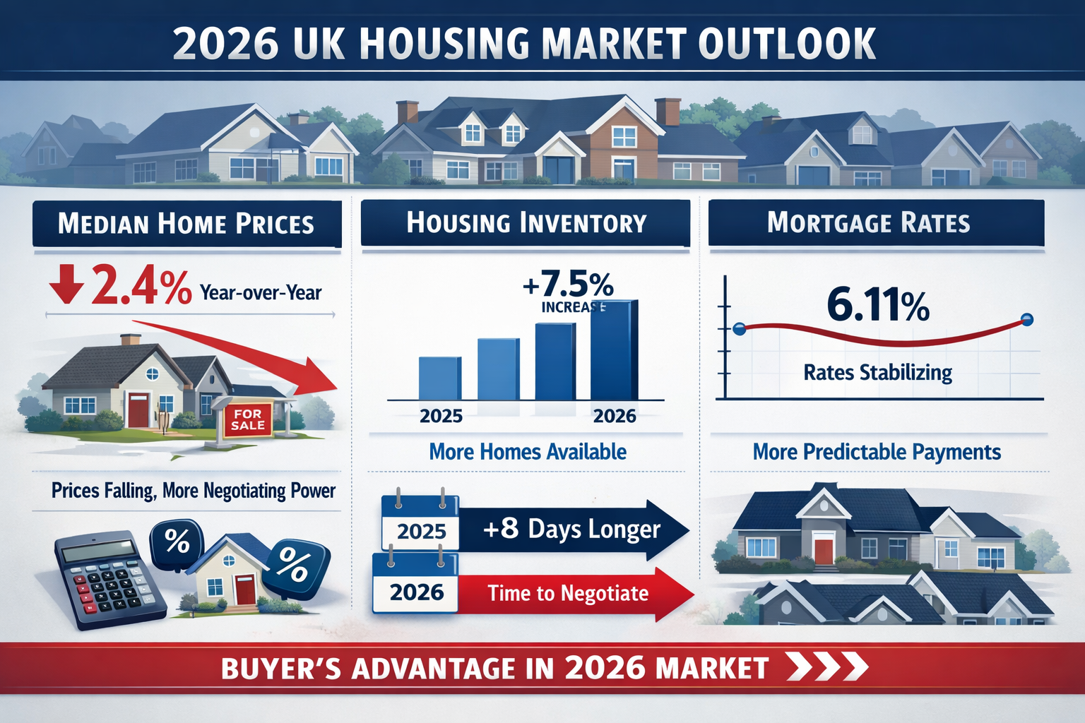 Landscape format (1536x1024) detailed infographic showing 2026 UK housing market statistics with declining median prices graph (2.4% year-ov
