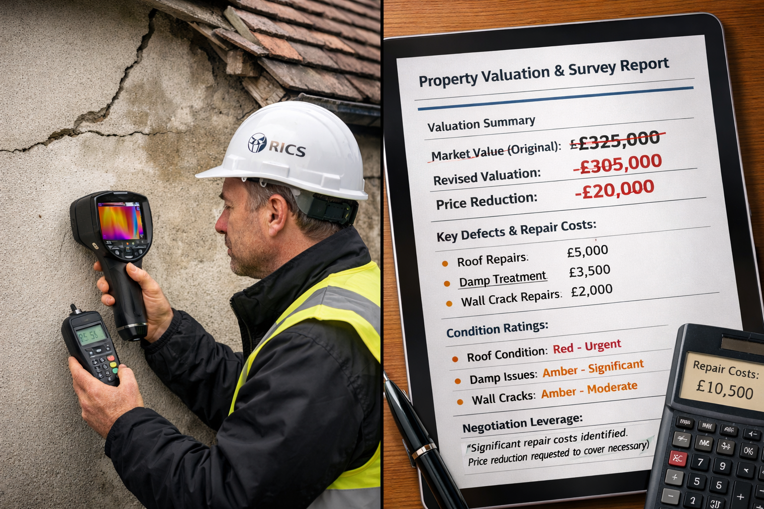 Landscape format (1536x1024) professional photograph of RICS chartered surveyor conducting detailed property inspection with thermal imaging
