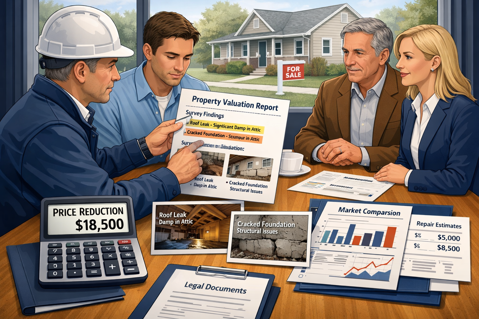 Landscape format (1536x1024) conceptual business illustration showing buyer-surveyor collaboration in negotiation process. Central image of
