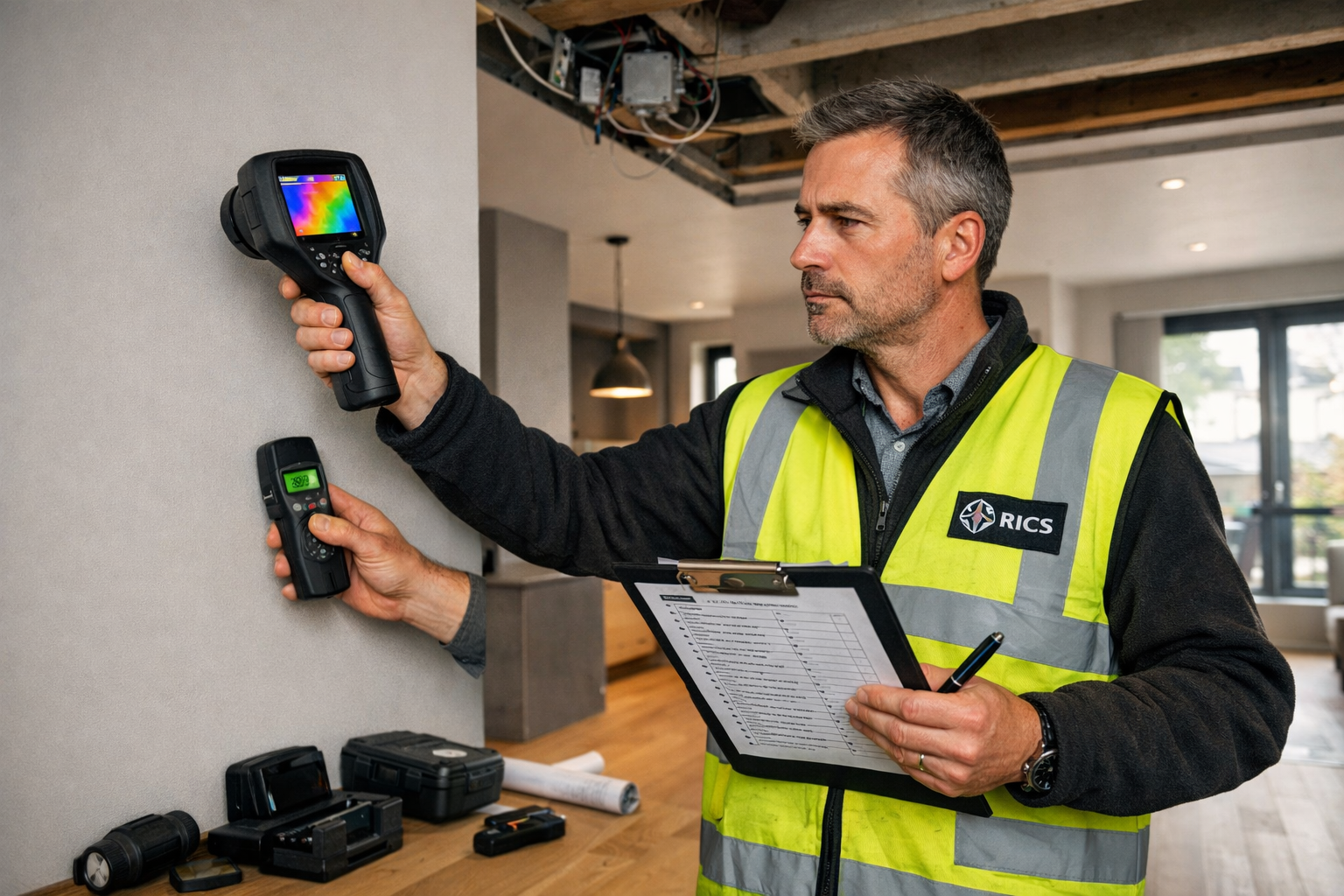 Detailed () image showing professional RICS chartered surveyor conducting comprehensive building inspection inside modern