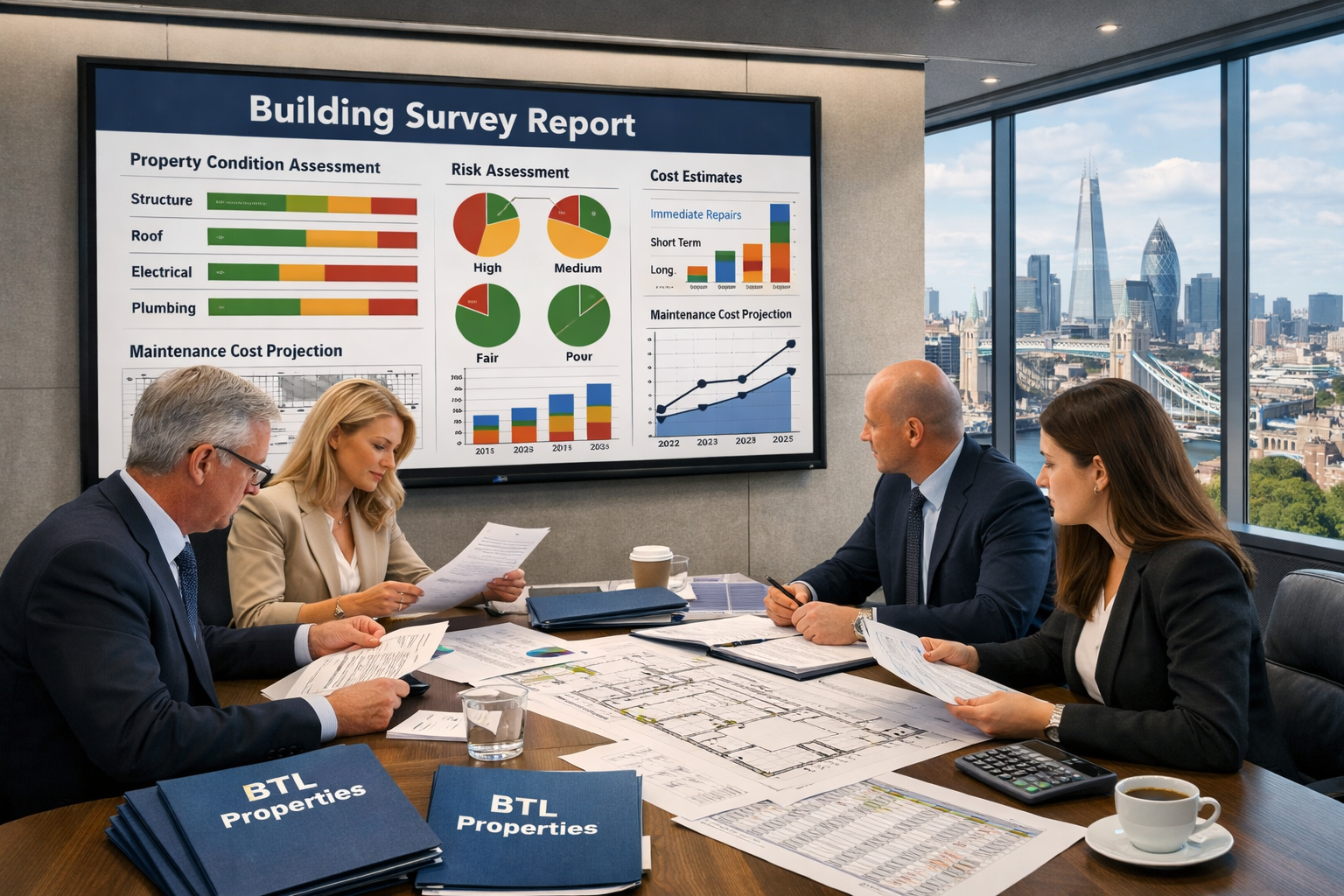 Wide-angle () image depicting institutional investment meeting room with large wall-mounted screen displaying detailed