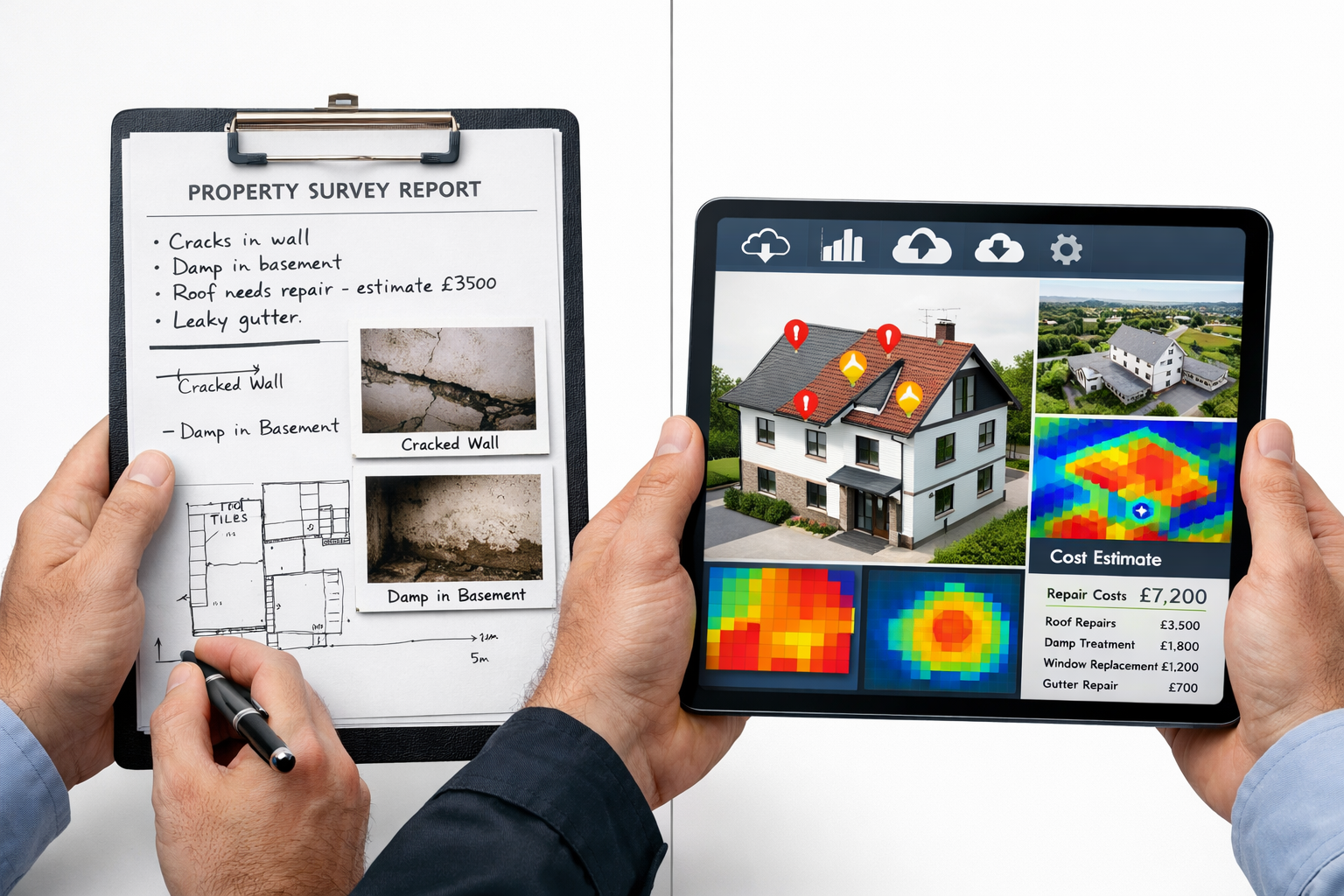 Detailed () split-screen comparison image showing left side: older traditional paper-based building survey report with