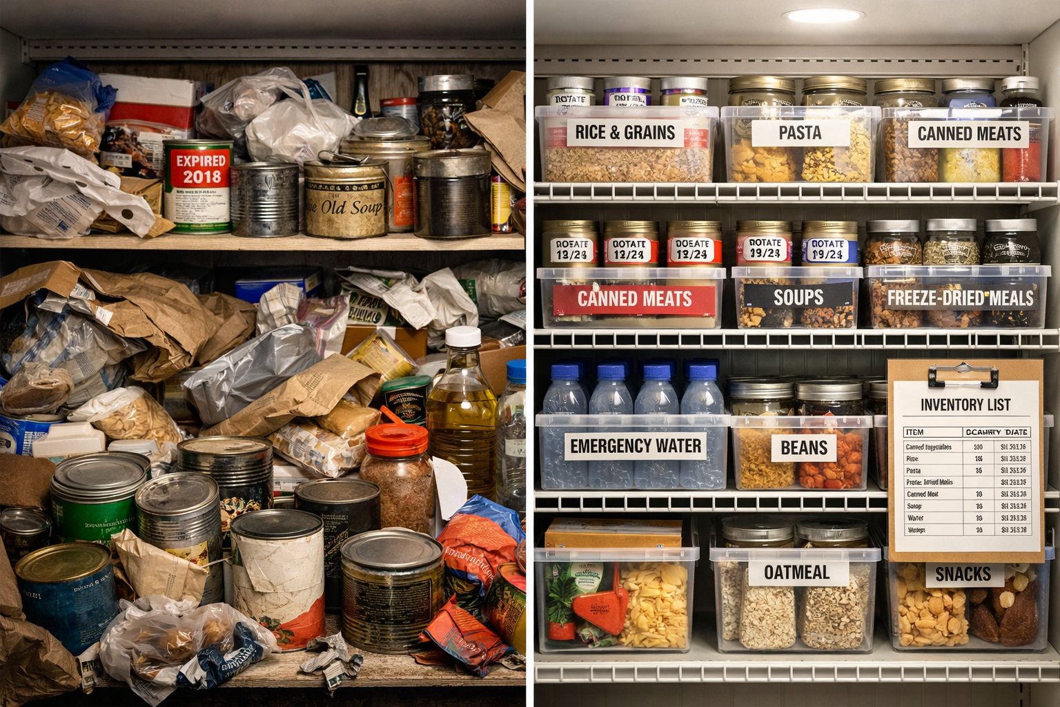 () image showing a side-by-side split composition: on the left, a chaotic disorganized pantry shelf with expired cans,