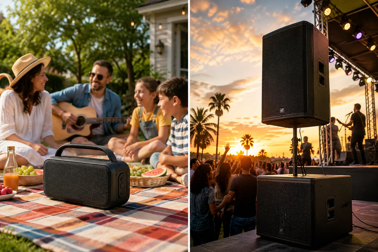 Use these terms in the prompts for images. [A Woman] [A Man] [A Girl] [A Boy] Split-screen editorial comparison (1536x1024): Left panel shows a compact 500W portable Bluetooth speaker on a picnic blanket in a sunlit backyard labeled 'Small Gathering 500W', right panel shows a large 1500W powered PA speaker system on a stage at an outdoor party with crowd silhouettes labeled 'Large Outdoor Event 1500W'. High-contrast natural daylight photography, vibrant warm tones on left, energetic evening golden hour on right, magazine-quality composition, clear visual size and scale difference between the two speakers. 1500 Watt Bluetooth Speaker vs 500 Watt: Which Is Better