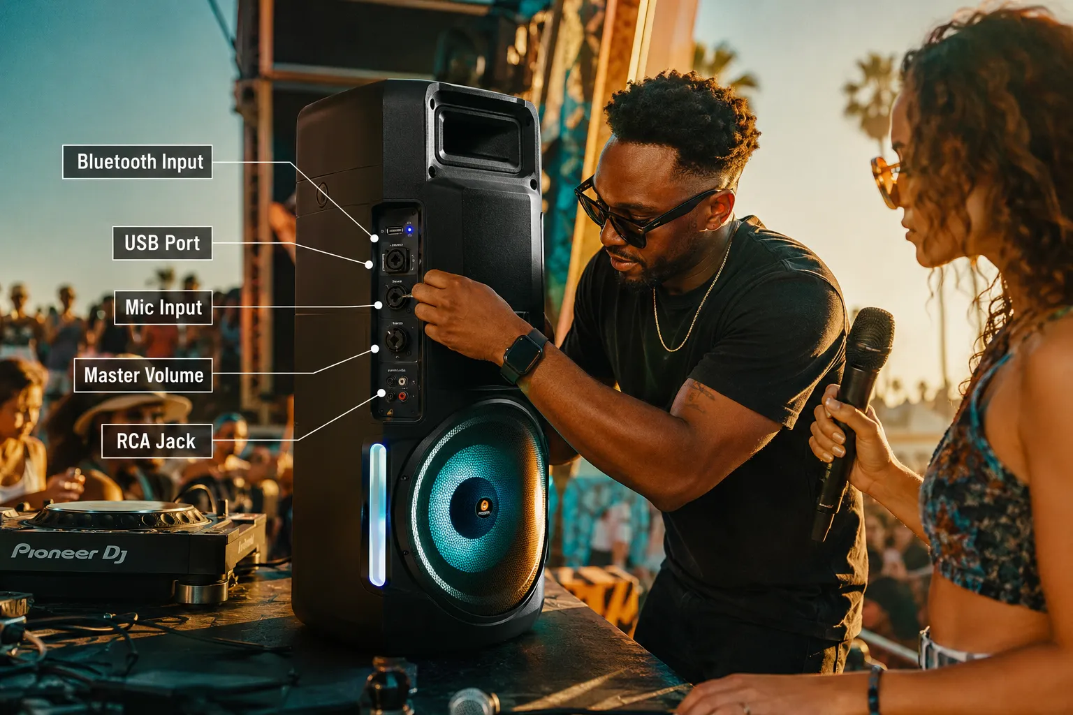Use these terms in the prompts for images. [A Woman] [A Man] [A Girl] [A Boy] Cinematic documentary-style photograph (1536x1024) of a DJ at an outdoor festival event setting up a tall powered PA speaker system with visible USB port, Bluetooth indicator light, and microphone input panel. The speaker has a glowing woofer and LED accents. A second person holds a wireless microphone nearby. Annotated callout labels point to: 'Bluetooth Input', 'USB Port', 'Mic Input', 'Master Volume', 'RCA Jack'. Warm golden-hour lighting, festival atmosphere, editorial quality, diverse subjects, teal and amber color grade. Key Features to Look for in a High-Power Bluetooth Speaker System