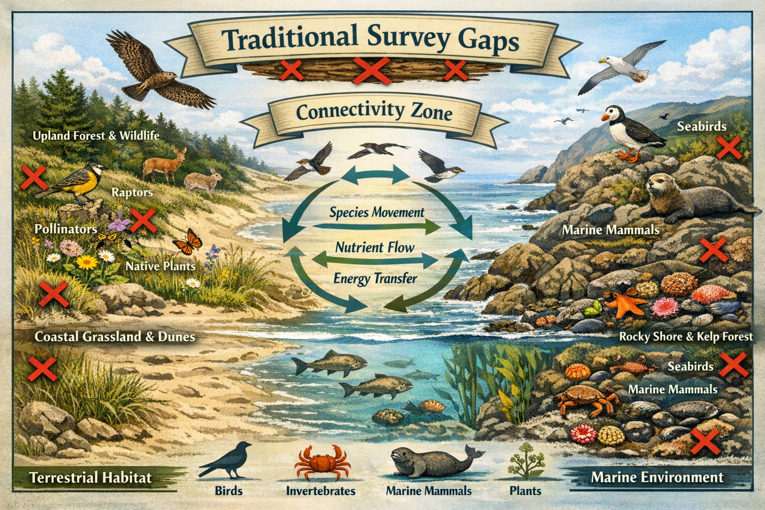 Detailed () image showing split-screen composition of coastal transitional zone ecology. Left side displays terrestrial