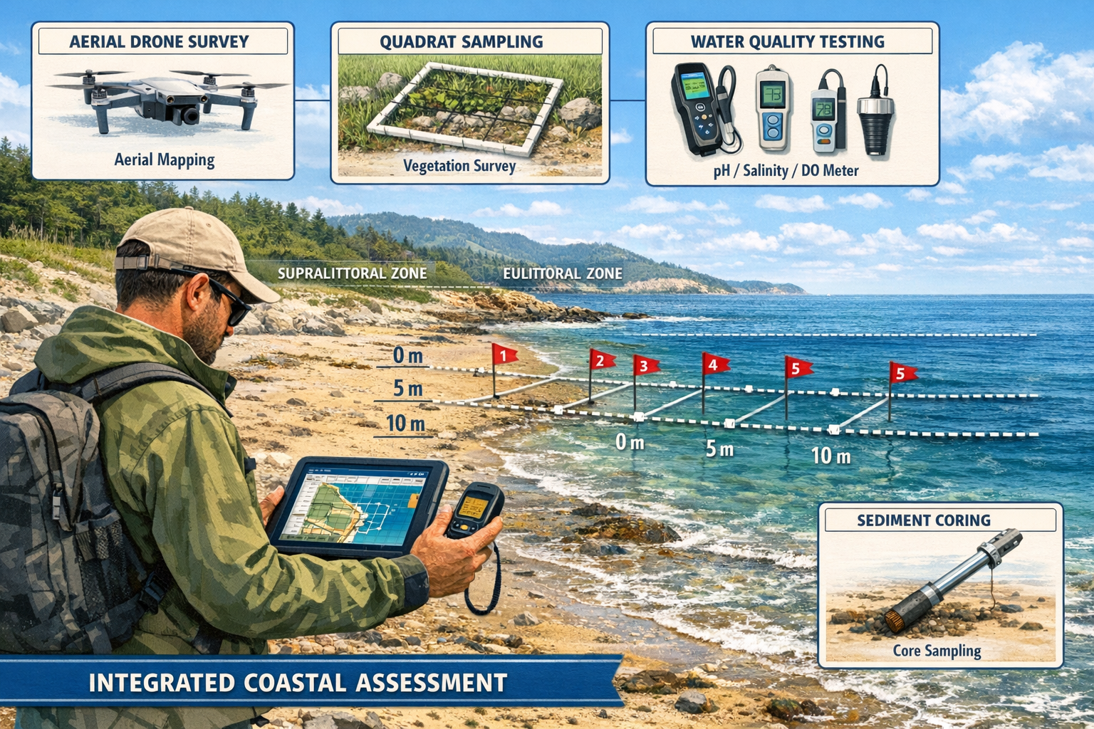 () detailed field survey methodology diagram showing coastal ecologist conducting integrated assessment. Foreground shows