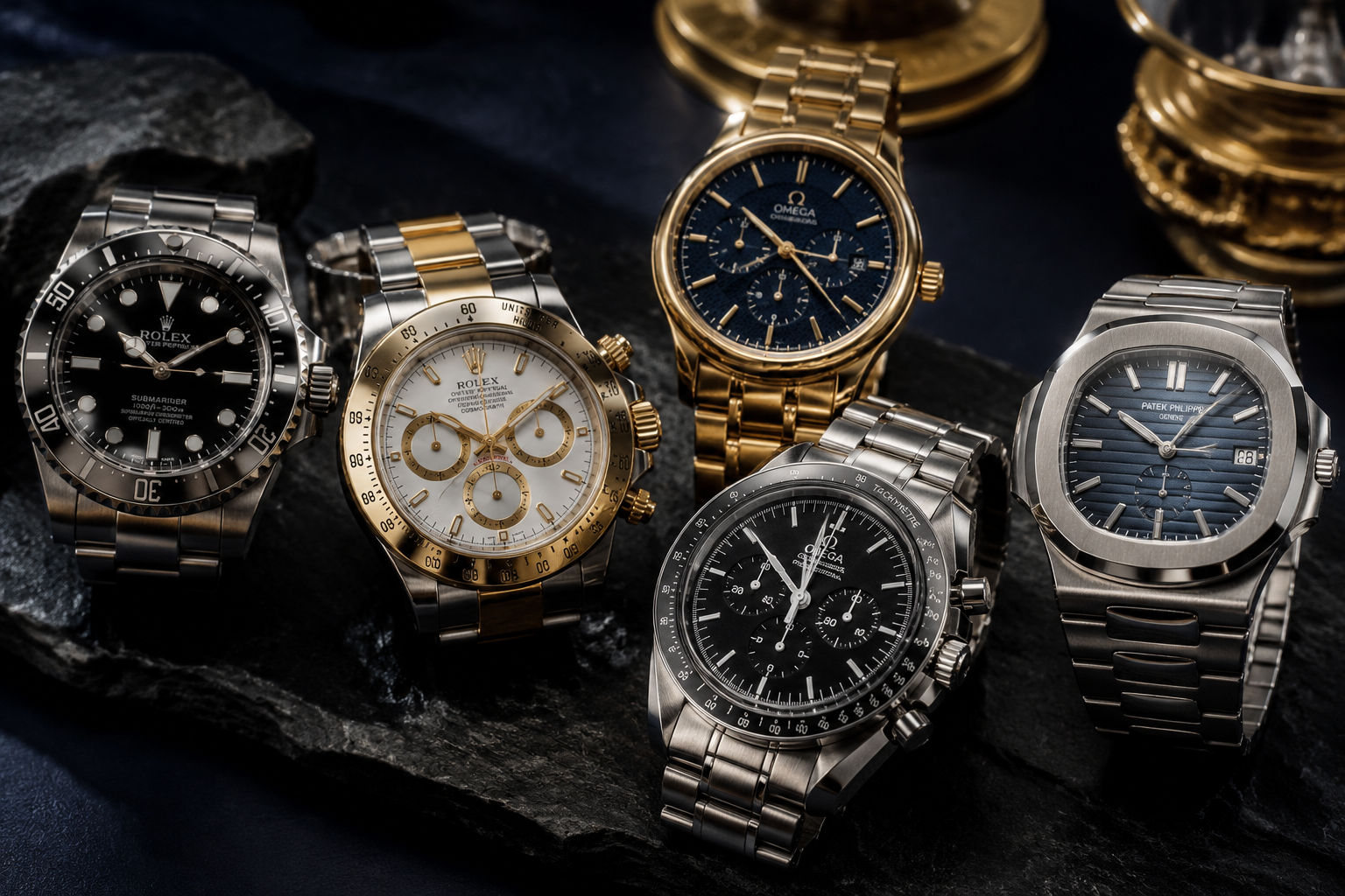 Professional () editorial hero image showing a collection of premium luxury watches — Rolex, Omega, and Patek Philippe —