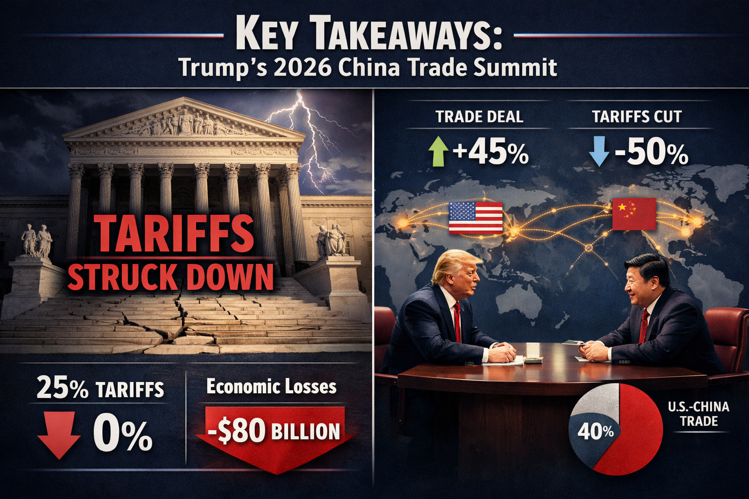 Editorial-style infographic visualizing 'Key Takeaways' for Trump's 2026 China trade summit. Central composition featuring a split-screen de
