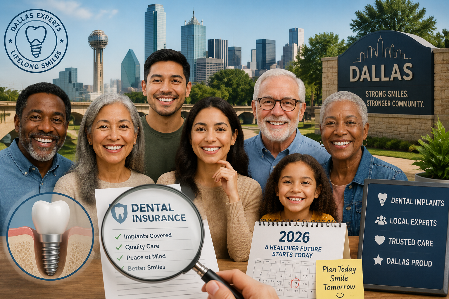 () image illustrating a diverse group of Dallas residents, including various age groups and ethnicities, smiling confidently