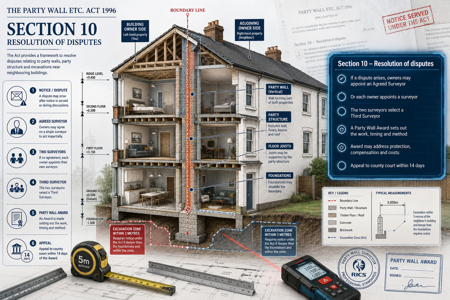 Technical illustration for 'What Is Section 10 of the Party Wall Act 1996' section depicting a semi-detached or terraced