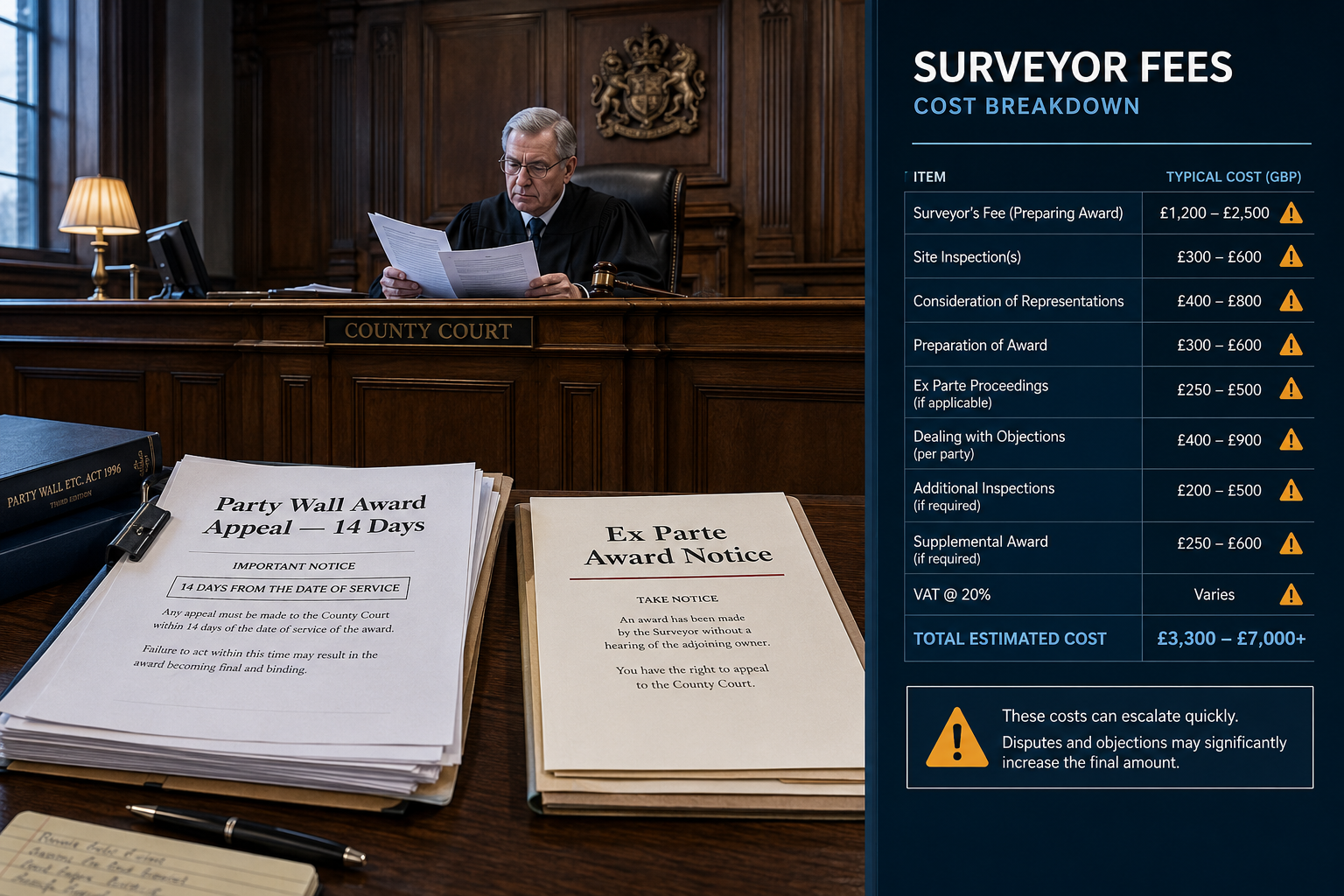 () wide-angle editorial scene inside a county court room with wooden panelling, showing a judge reviewing party wall appeal