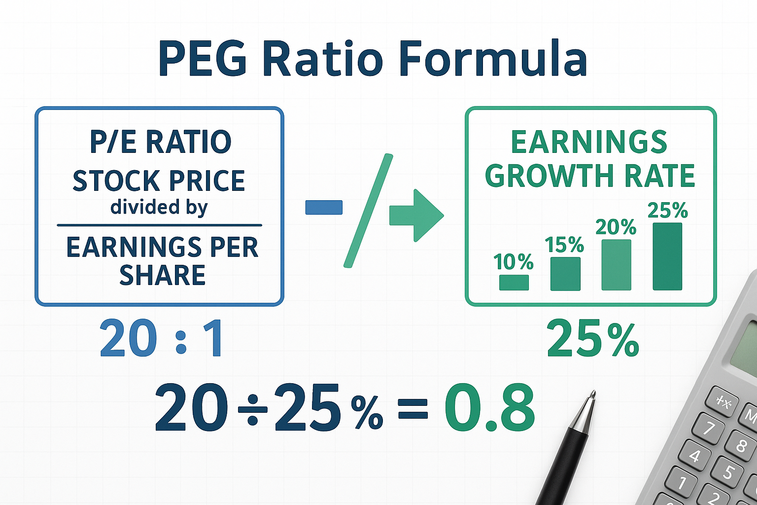 Detailed educational infographic (1536x1024) showing the PEG ratio formula breakdown with three distinct visual sections: left side displays