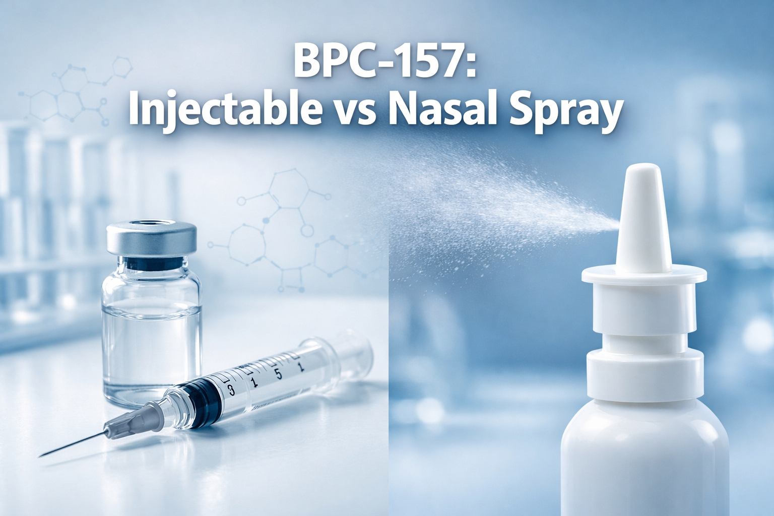 Professional landscape hero image (1536x1024) featuring bold text overlay 'BPC-157: Injectable vs Nasal Spray' in extra large 72pt white san