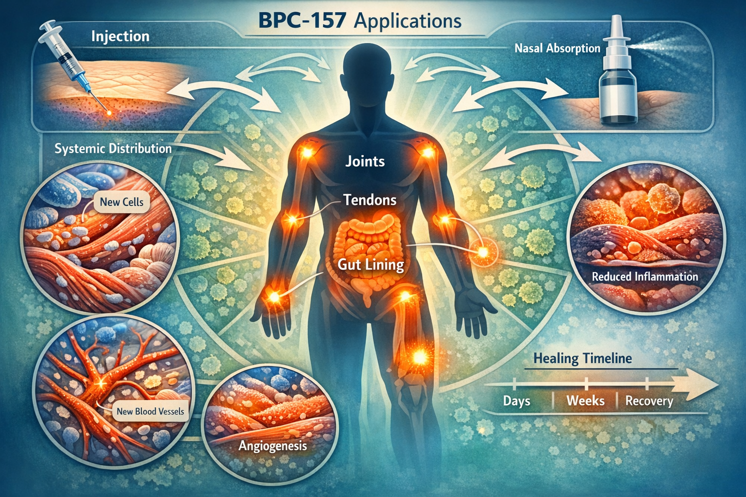 Detailed landscape illustration (1536x1024) showcasing clinical applications and healing mechanisms of BPC-157 across different delivery rou