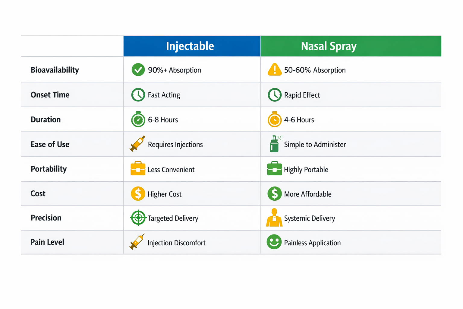 Professional landscape comparison table (1536x1024) presenting side-by-side analysis of injectable versus nasal spray BPC-157 with multiple 