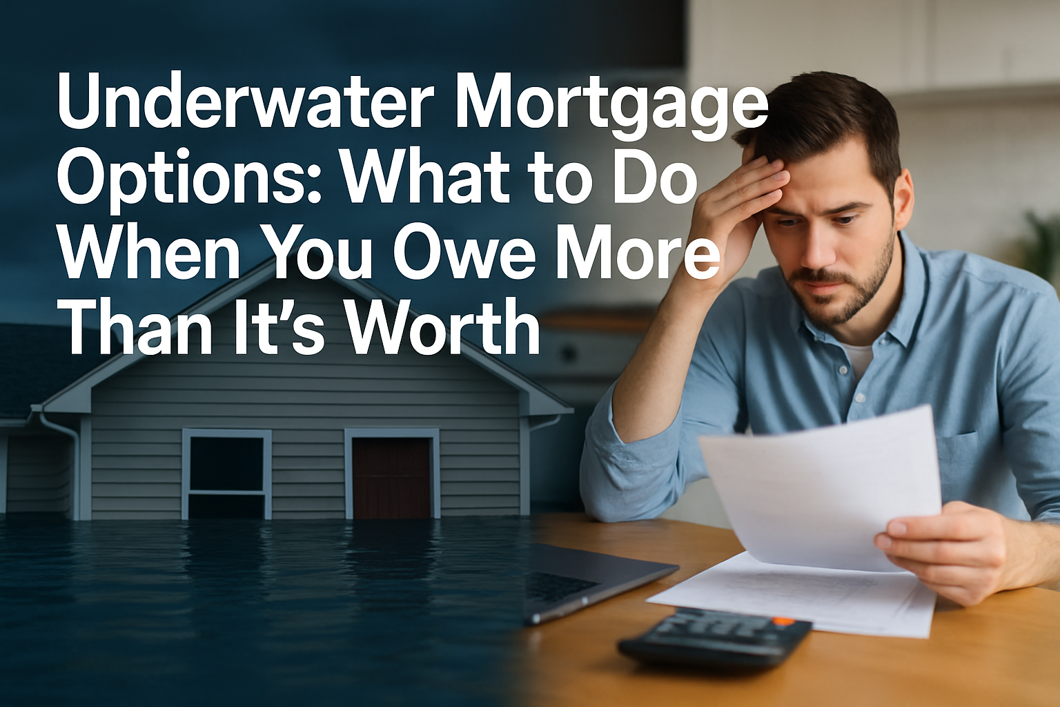 Professional landscape hero image (1536x1024) featuring bold text overlay 'Underwater Mortgage Options: What to Do When You Owe More Than It