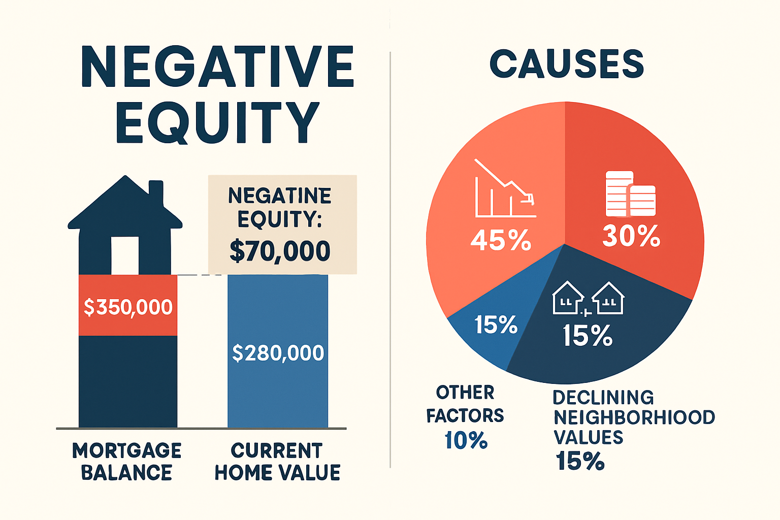 Detailed landscape infographic (1536x1024) illustrating the concept of negative equity with visual comparison chart. Left side shows house i