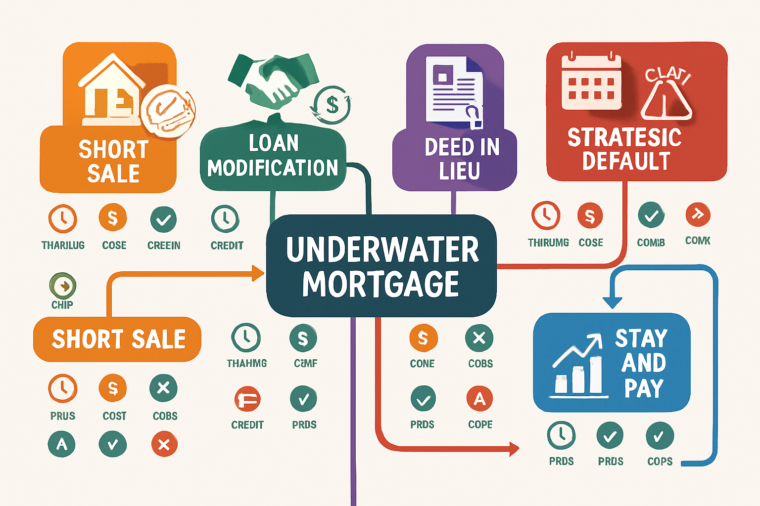 Comprehensive landscape decision tree infographic (1536x1024) showing underwater mortgage solution pathways. Central starting point labeled 