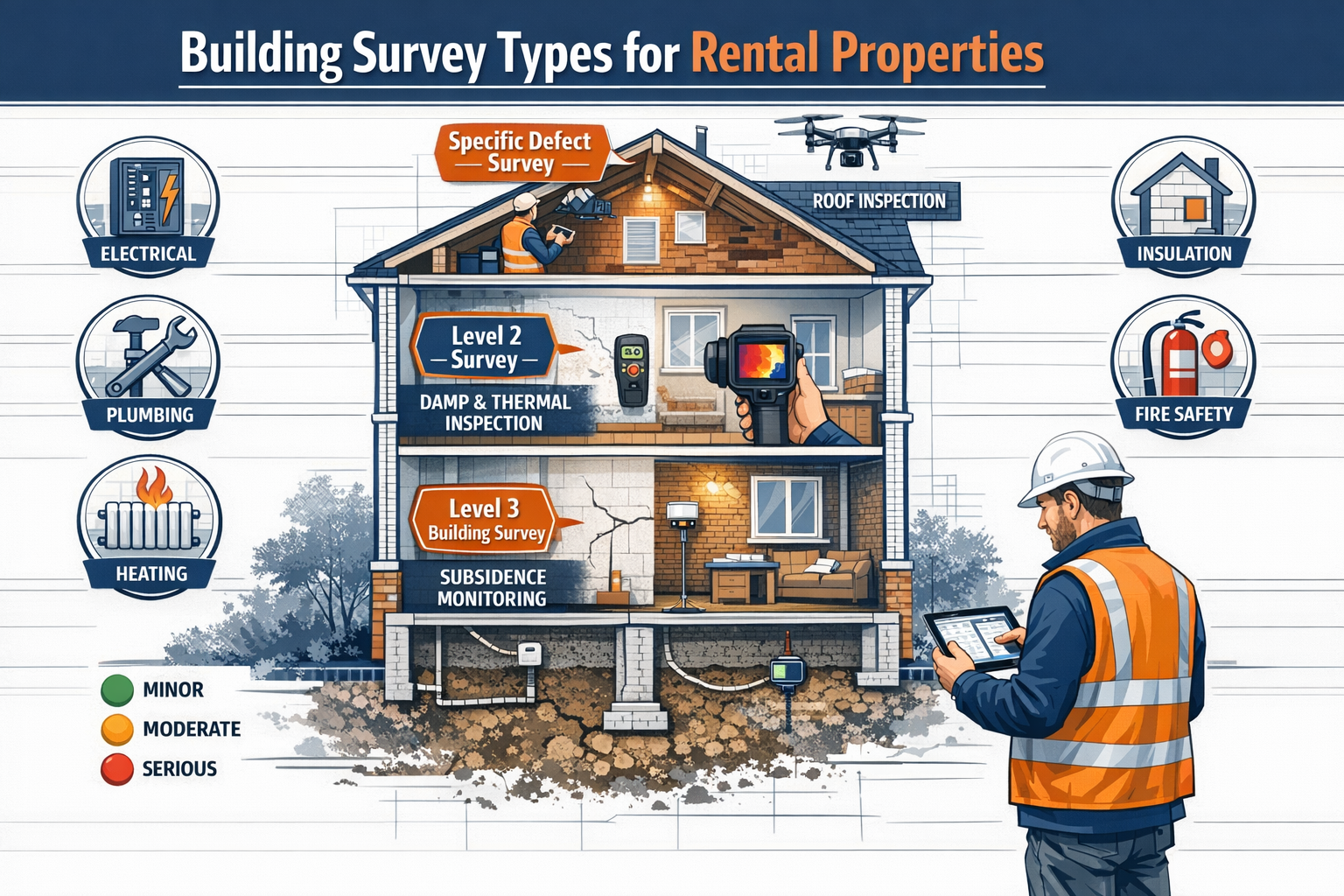 Landscape format (1536x1024) comprehensive visual guide to building survey types for rental properties. Center composition shows cutaway cro