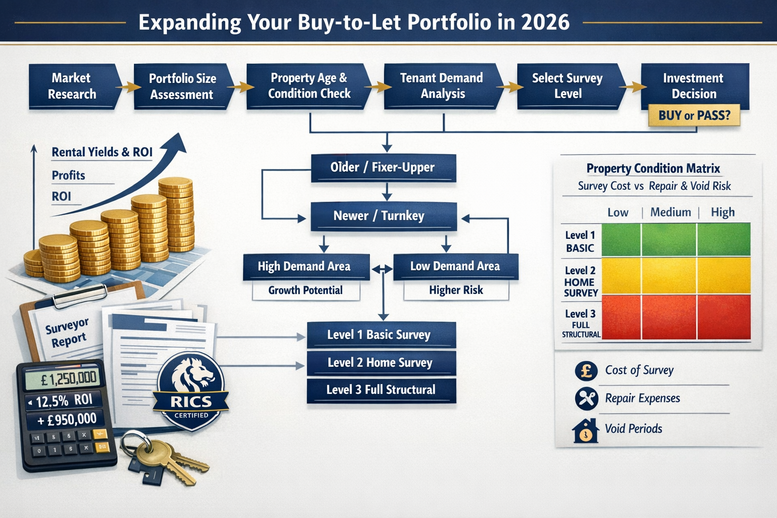 Landscape format (1536x1024) strategic decision-making flowchart for landlords expanding buy-to-let portfolios in 2026. Central pathway show