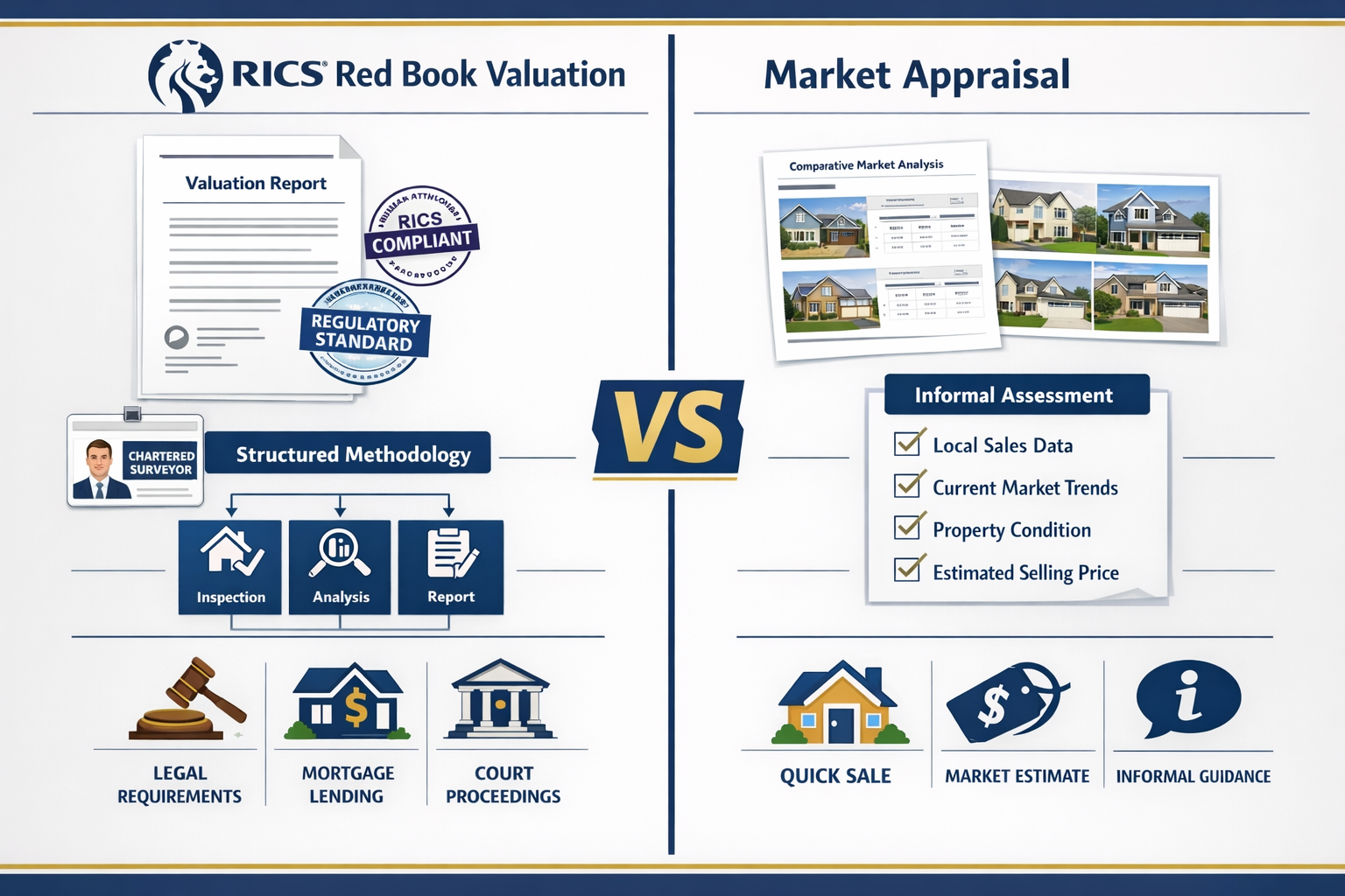 Detailed () image showing side-by-side comparison infographic of RICS Red Book valuation versus market appraisal. Left panel