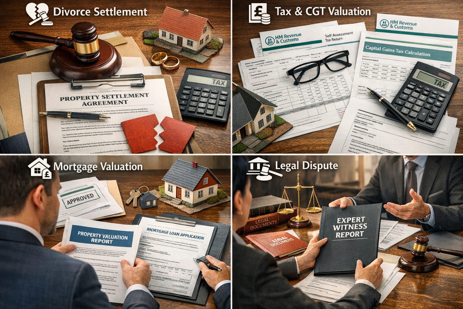 Detailed () image depicting various scenarios requiring RICS Red Book valuations in UK property context. Composite scene