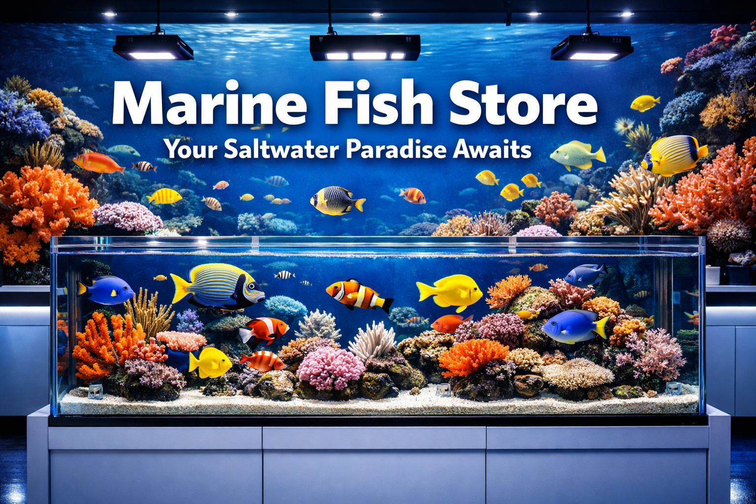 Professional landscape hero image (1536x1024) featuring bold text overlay 'Marine Fish Store - Your Saltwater Paradise Awaits' in extra larg