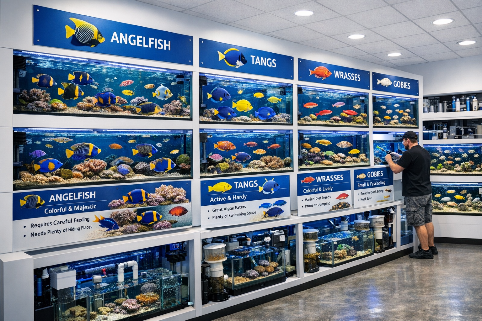 Detailed landscape image (1536x1024) showing comprehensive marine fish store selection with multiple aquarium systems displaying various sal