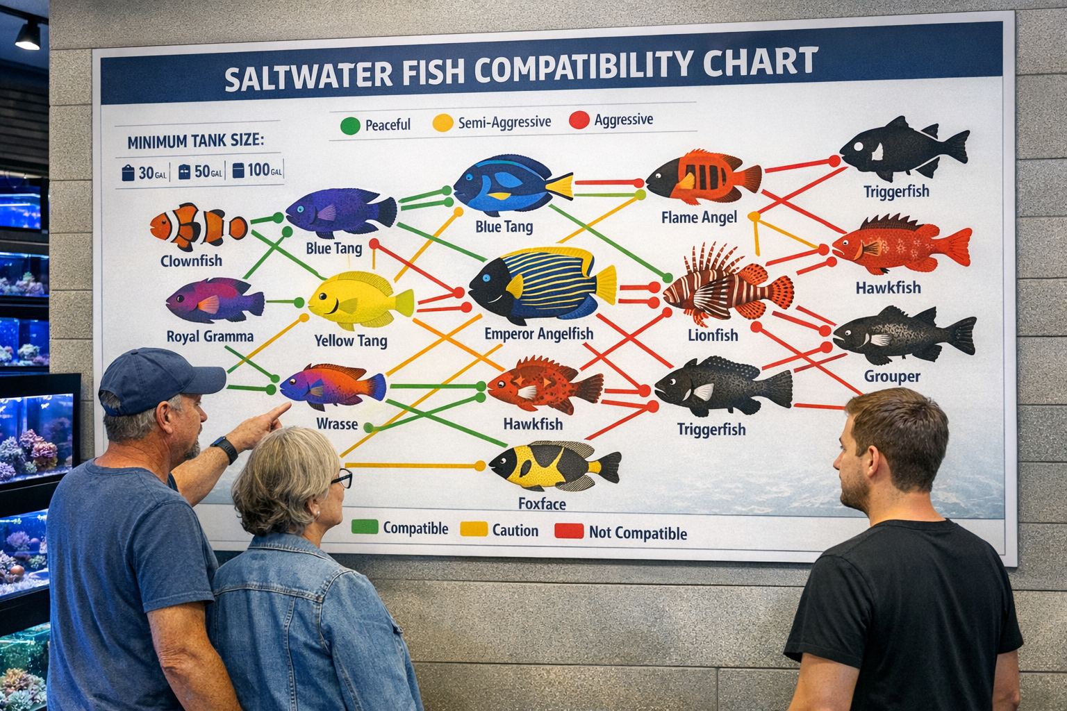 Landscape image (1536x1024) depicting saltwater fish compatibility chart as large wall display in marine fish store. Shows interconnected sp