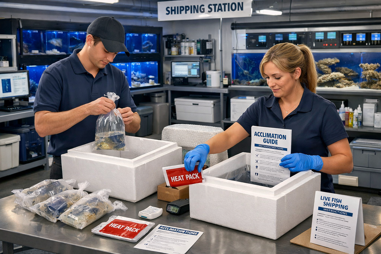 Landscape image (1536x1024) showcasing premium marine fish store shipping and care facilities. Features temperature-controlled packing area 
