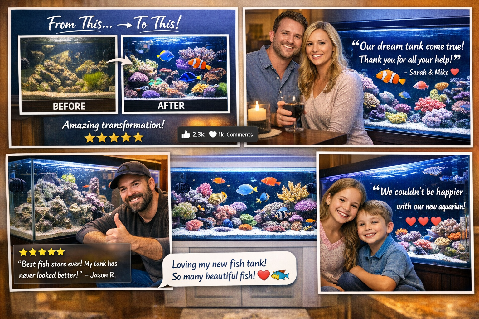 Landscape image (1536x1024) displaying marine fish store customer success stories and testimonials. Features beautiful home aquarium setups 