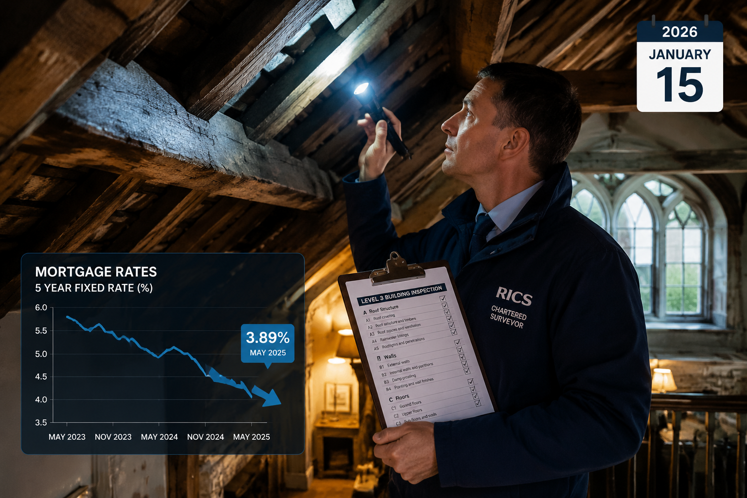 Wide-angle editorial photograph of a professional RICS chartered surveyor conducting a Level 3 building inspection inside a