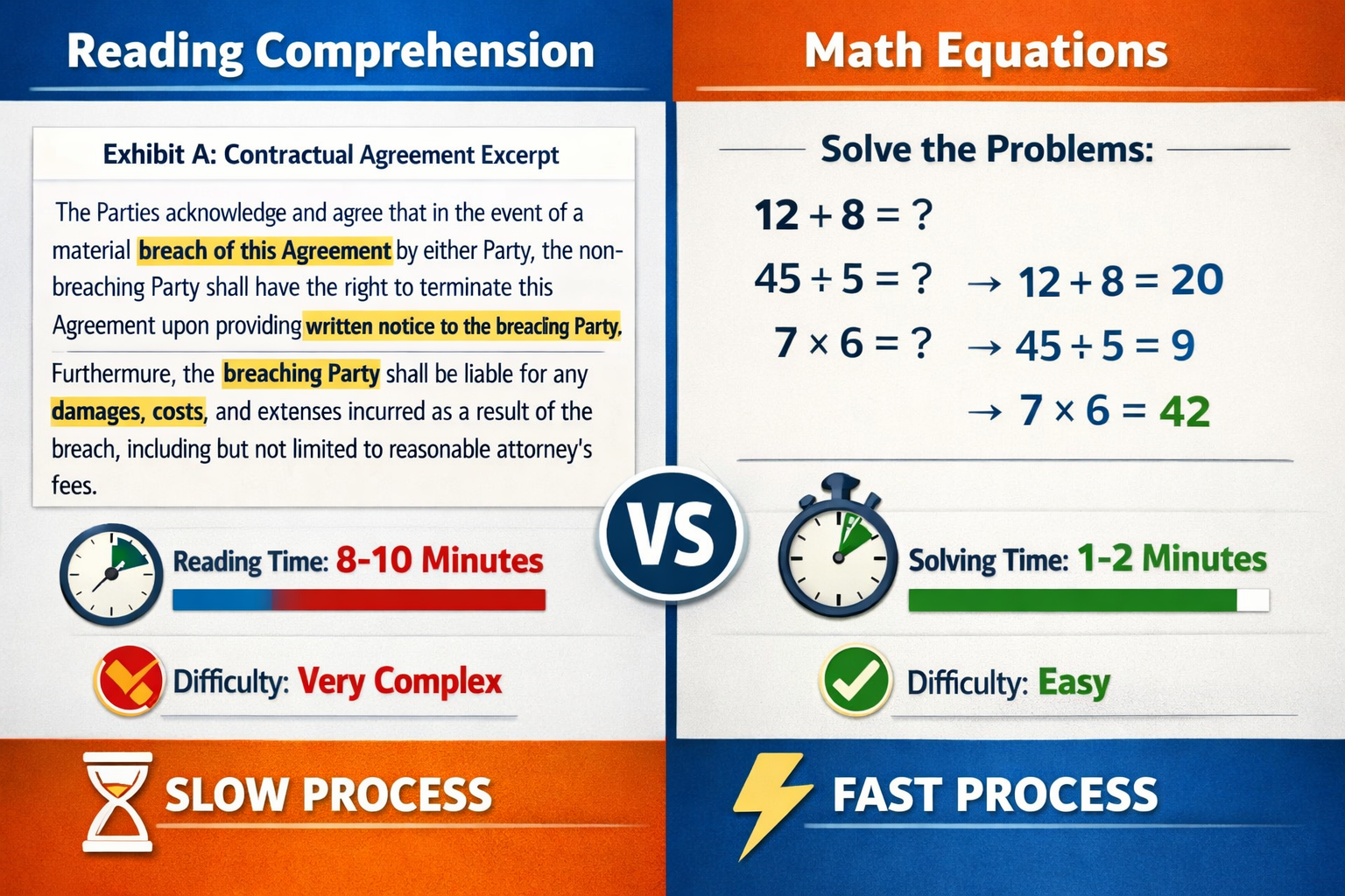 Detailed () visual comparison showing dense reading comprehension passages versus mathematical equations, split-screen