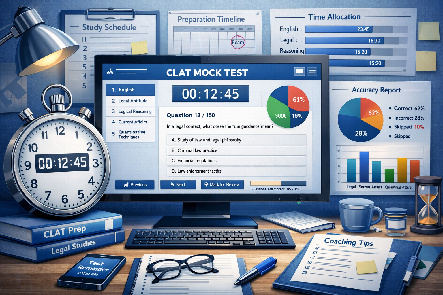 Detailed () strategic planning visualization featuring mock test simulation interface on computer screen, surrounded by time