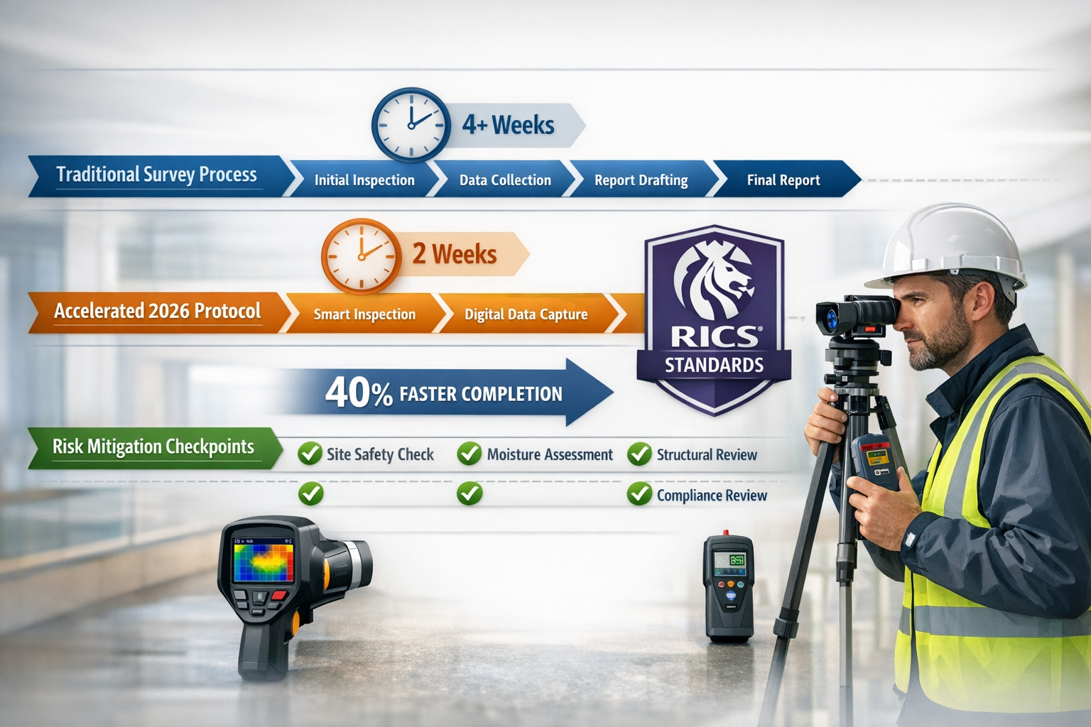 Detailed landscape format (1536x1024) image showing streamlined building survey workflow diagram with three parallel tracks: traditional sur