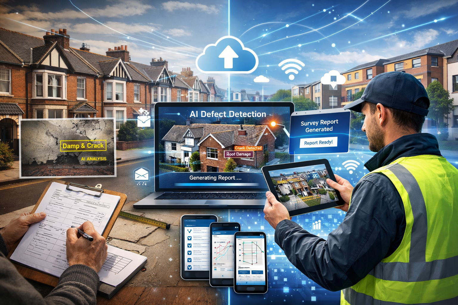Detailed landscape format (1536x1024) image depicting digital transformation in building surveys with split-screen comparison: left side sho